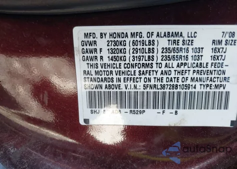 2008 Honda Odyssey Ex-L from USA, damaged, VIN 5FNRL38728B105914